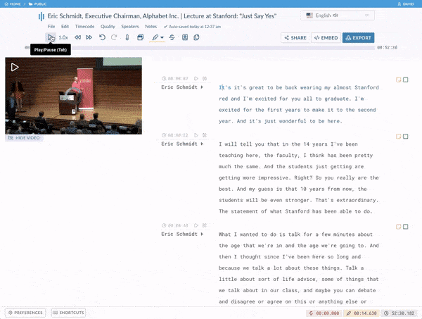 Animation: Eric Schmidt's lecture at Stanford University shown in the Sonix Editor Animation: Eric Schmidt's lecture at Stanford University automatically transcribed by Sonix