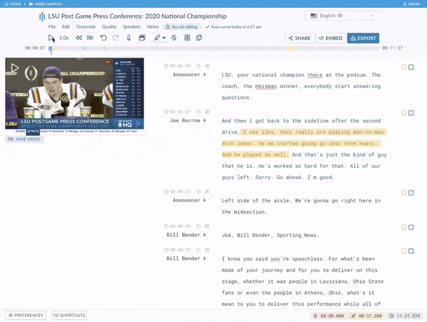 Interactive transcript in the Sonix player demo: LSU College Football Playoff Championship 2020 Press Conference Sonix - LSU College Football Playoff Championship 2020 Press Conference - Interactive transcript in the Sonix player demo
