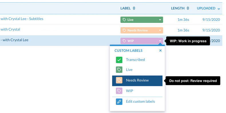 Improve workflow by labeling your transcripts and categorizing by state or theme Easily organize your transcripts with file-specific labels