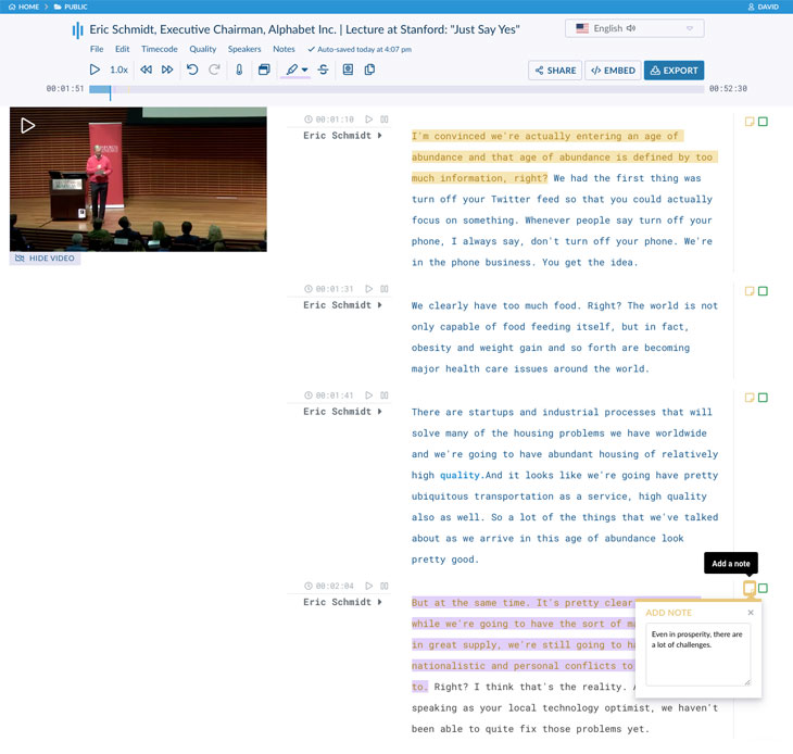 Sonix example screenshot: Eric Schmidt lecture at the Stanford Graduate School of Business (GSB) -- transcribed by Sonix 'Eric Schmidt's lecture to Stanford Graduate School of Business transcribed by Sonix