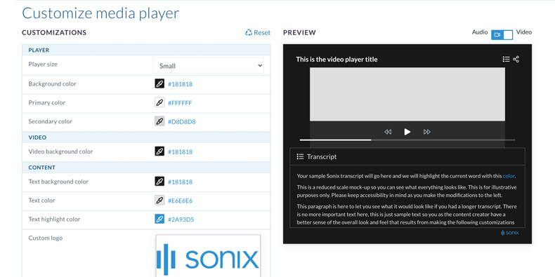 Adjust colors and add your own logo Customize the embeddable Sonix transcript to match your brand
