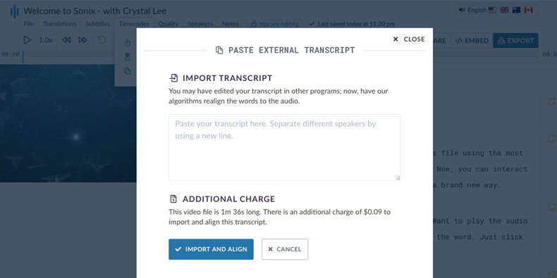 Synchronize your media file to an existing transcript Existing transcript modal