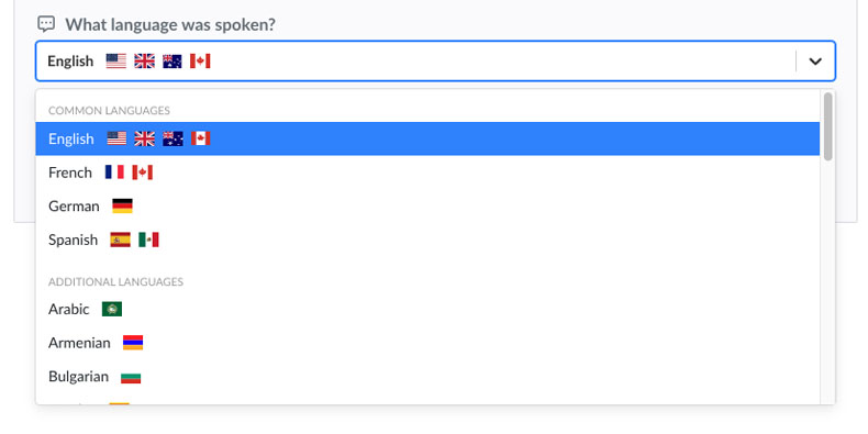 Sonix supports over 40 different languages Sonix language dropdown menu