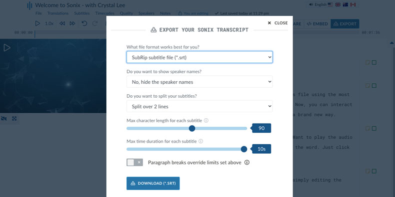 Works with all major video editing applications Subtitle export modal in Sonix: SRT & VTT
