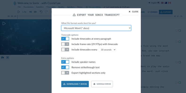 Export the text from your transcript Text export modal in Sonix (DOCX, TXT, PDF)