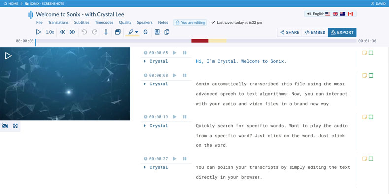 Advanced in-browser transcript editor Screenshot of the Sonix in-browser editor