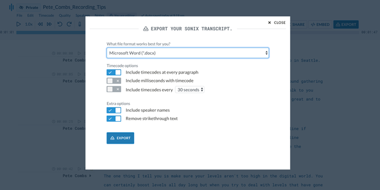 Step 6: Click export and select 'Microsoft Word (.docx)' to download a DOCX file. Step 6: Download a DOCX version of your OGG file by clicking Export and selecting 'Microsoft Word (.docx).'