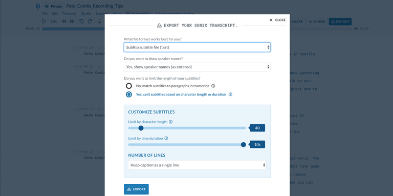 Step 6: Click export and select 'Subrip subtitle file (.srt)' to download a SubRip Subtitle file. Step 6: Download a SRT version of your MTS file by clicking Export and selecting 'Subrip subtitle file (.srt).'