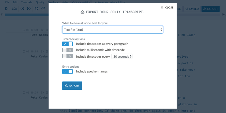 Step 6: Click export and select 'Text file (.txt)' to download a text version of your MP3 file. Step 6: Download a text version of your MP3 file by clicking Export and selecting 'Text file (.txt).'