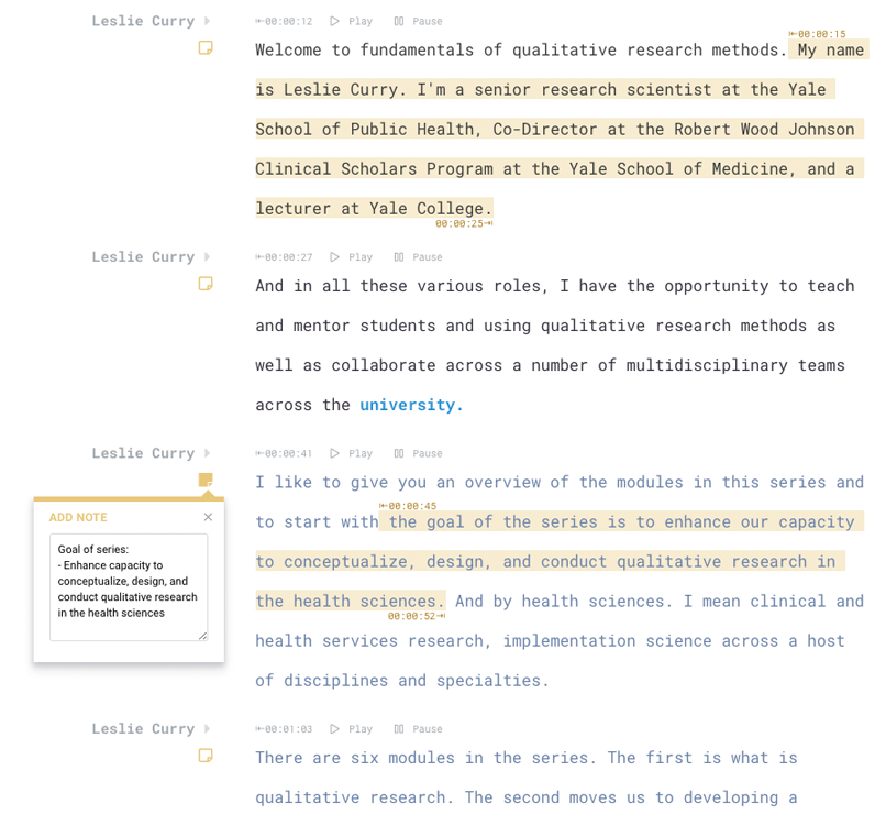 Sonix example screenshot: Transcript of Leslie Curry lecture on Qualitative Research Transcription for universities: Leslie Curry's lecture on Qualitative Research at Yale automatically transcribed by Sonix